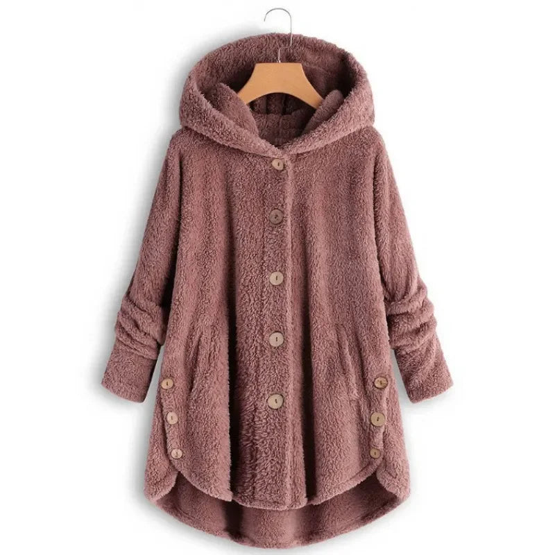 Women’s Fleece Jacket – Relaxed Fit – Hooded – Button Front – Long Back Hem – Pockets