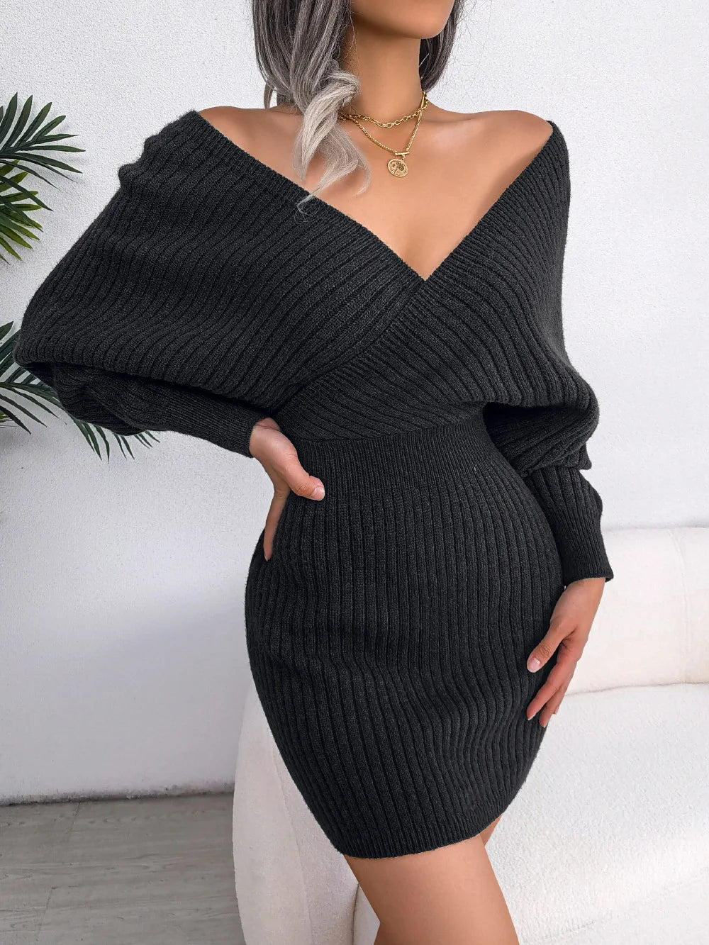 Women's Knitted Sweater Dress - Bodycon Fit - V-Neck - Ribbed Long Sleeve Mini Dress