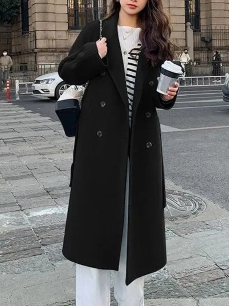 Women’s Long Overcoat – Wool Blend – Loose Fit – Double Breasted – Belted Waist