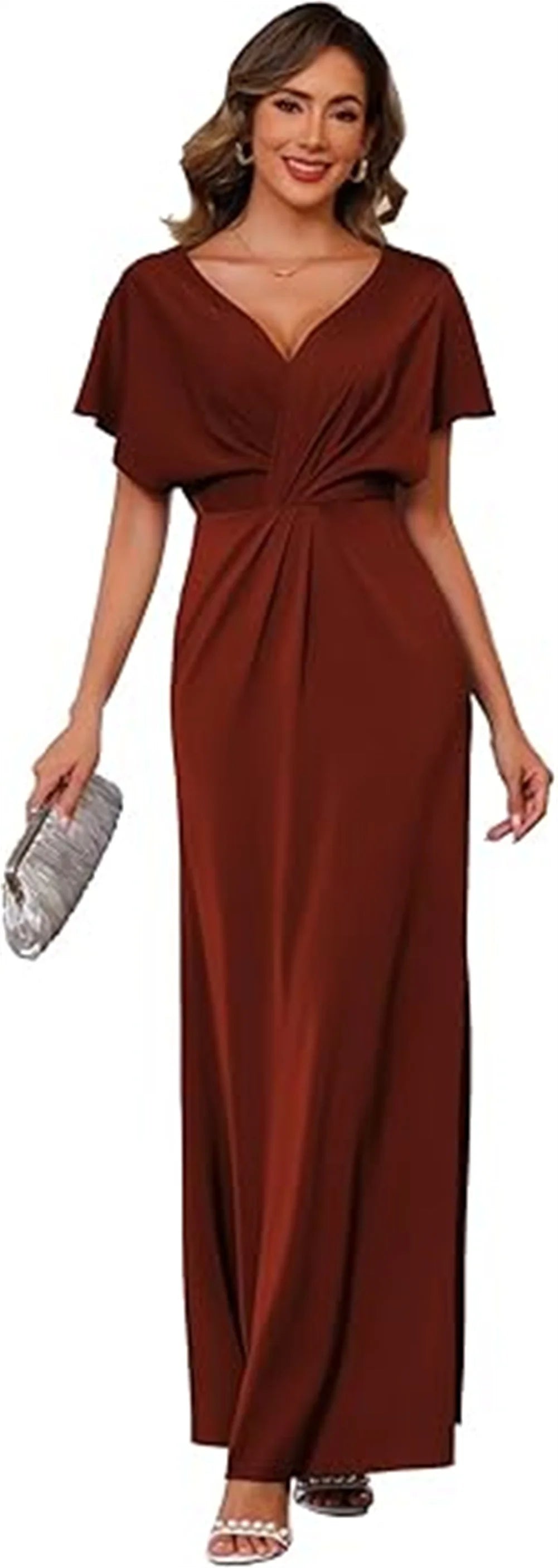 Women’s Maxi Dress – Satin Feel – Draped Waist – V-Neck – Short Sleeve Formal Fit