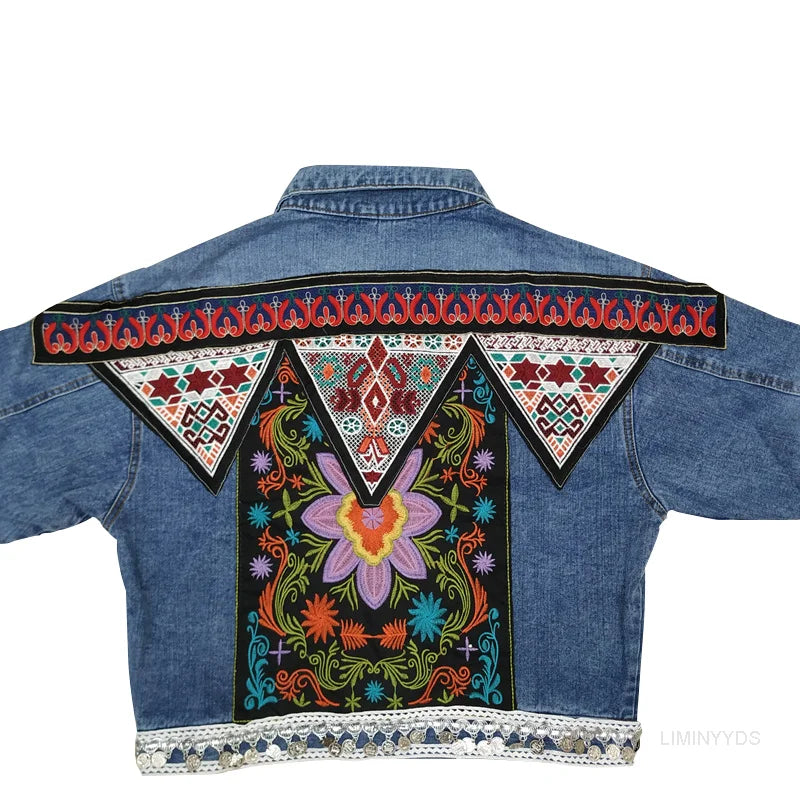 Women's bohemian embroidered denim jacket