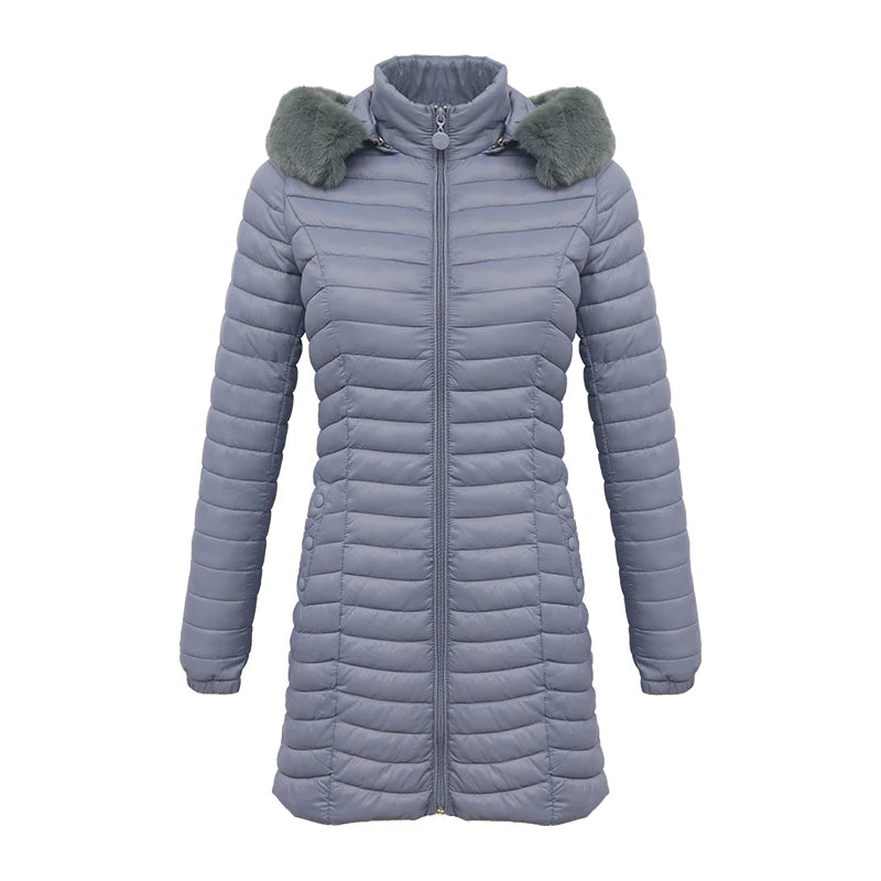 Women's slim fit winter puffer jacket with fur hood