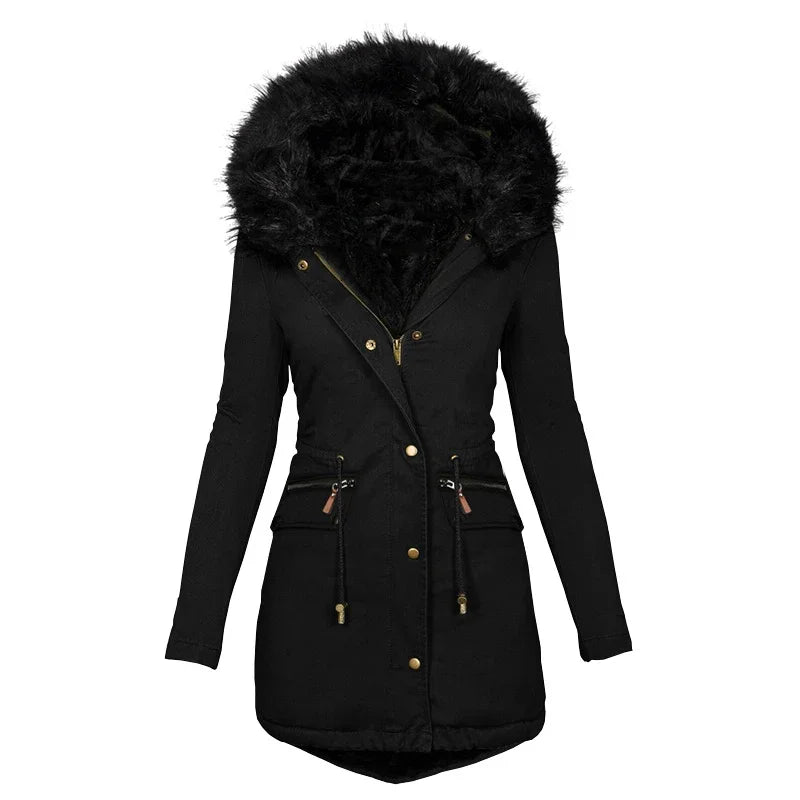 Women's fluffy hooded winter jacket with fur collar