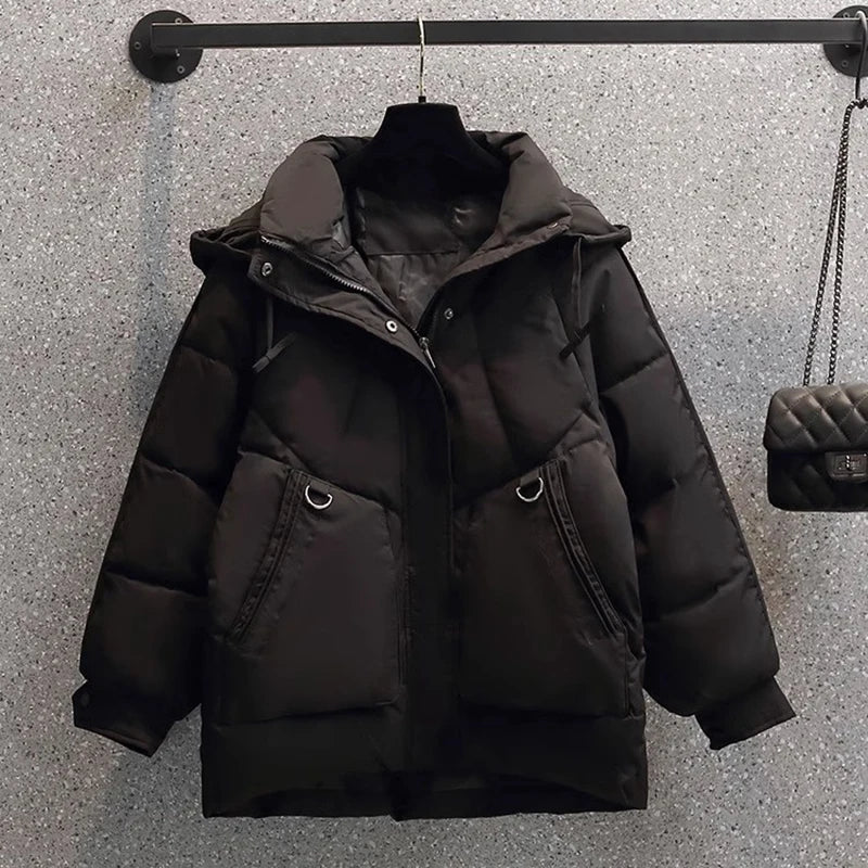 Women's Puffer Jacket - Oversized Quilted Warmth - Hooded High Collar - Zip Closure