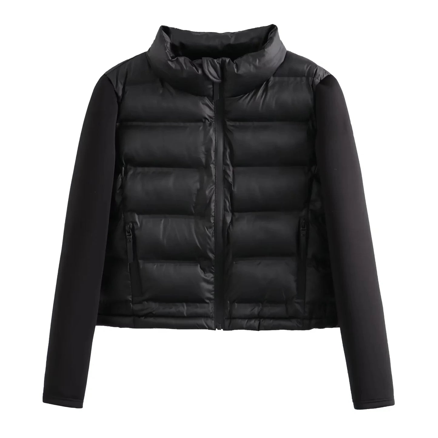 Women's winter puff coat with a notched neckline and zipper closure