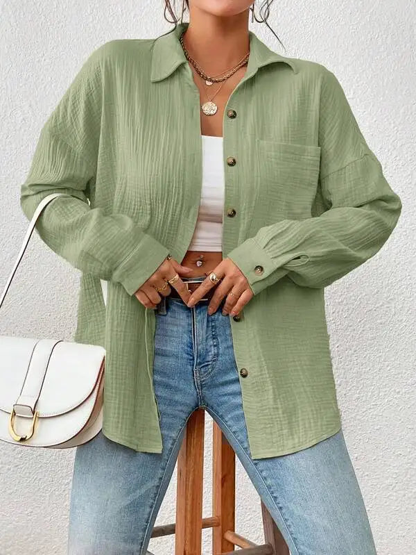 Women's Button-Up Shirt - Lightweight Crinkled Fabric - Relaxed Fit - Long Sleeve