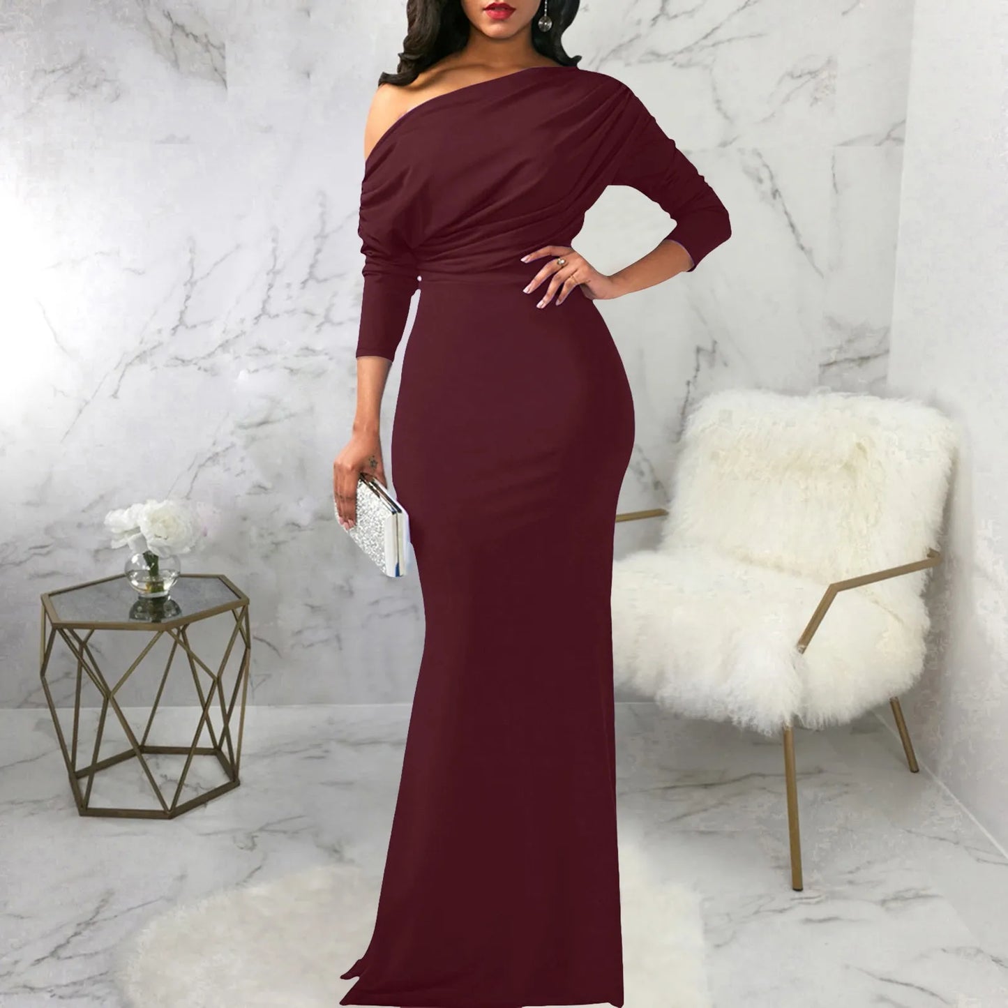 Women’s Evening Gown – Fitted Silhouette – Off-Shoulder – Long Sleeve Draped Satin