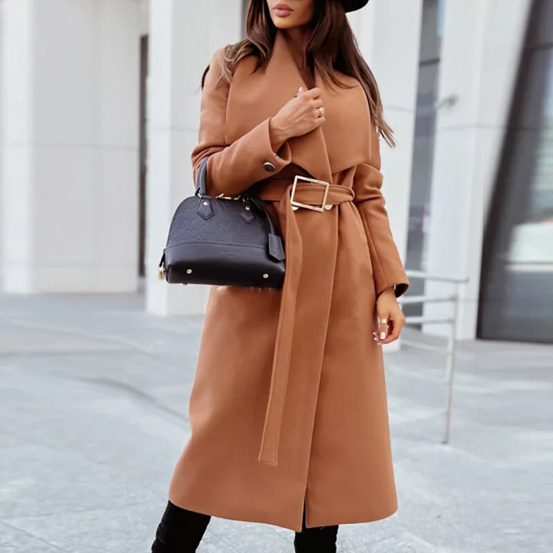 Women's knee-length belted lapel trench coat