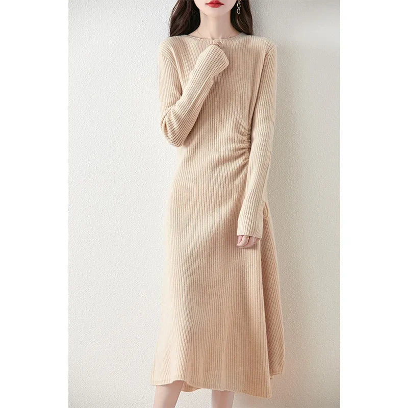Women's waist slimming pleated long sleeve dress