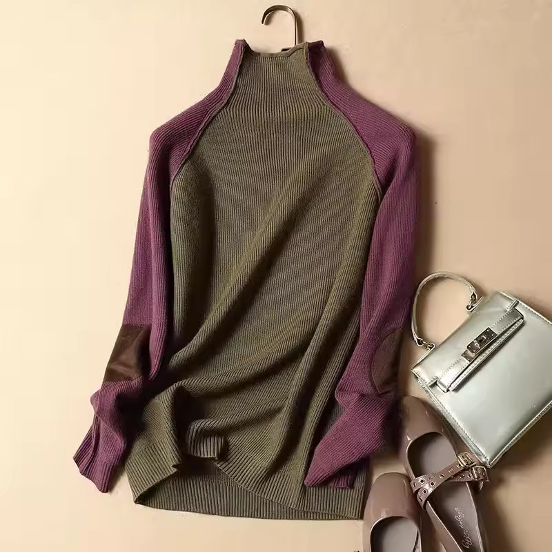 Women’s Pullover Sweater – Knit Wool Blend – Relaxed Fit – Half Turtleneck – Elbow Patches