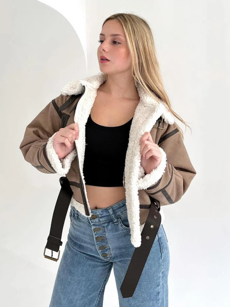 Women's faux shearling jacket winter belted coat long sleeve
