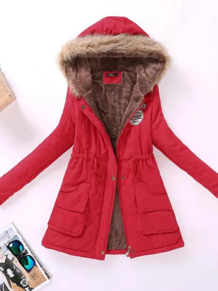 Saskia - long sleeve hooded mid-length coat