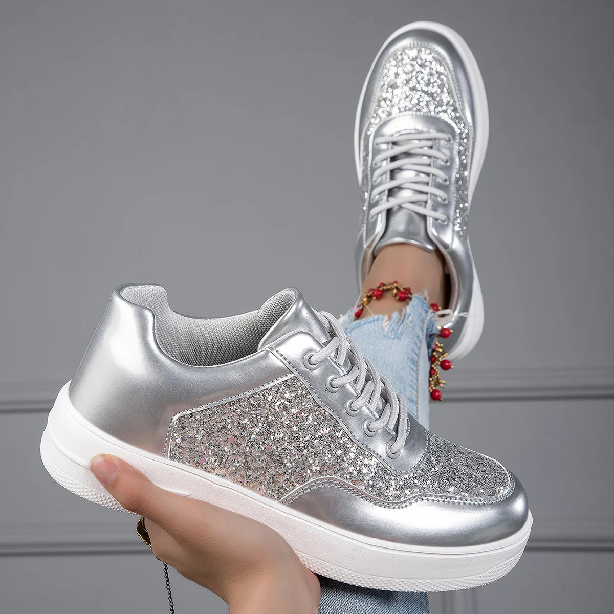 Women's Sneakers - Chunky Sole - Glitter Panel - Lace-Up Fashion Casual Shoes