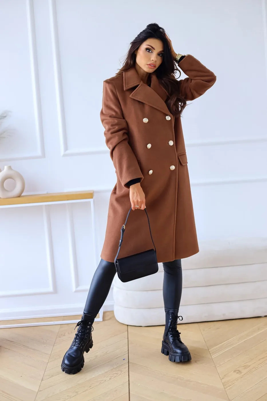 Women's double-breasted textured coat long sleeve lapel winter jacket