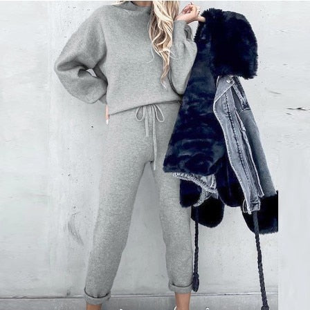 Women’s Loungewear Set - Soft Knit - Relaxed Fit Top & High-Waist Joggers - Balloon Sleeves