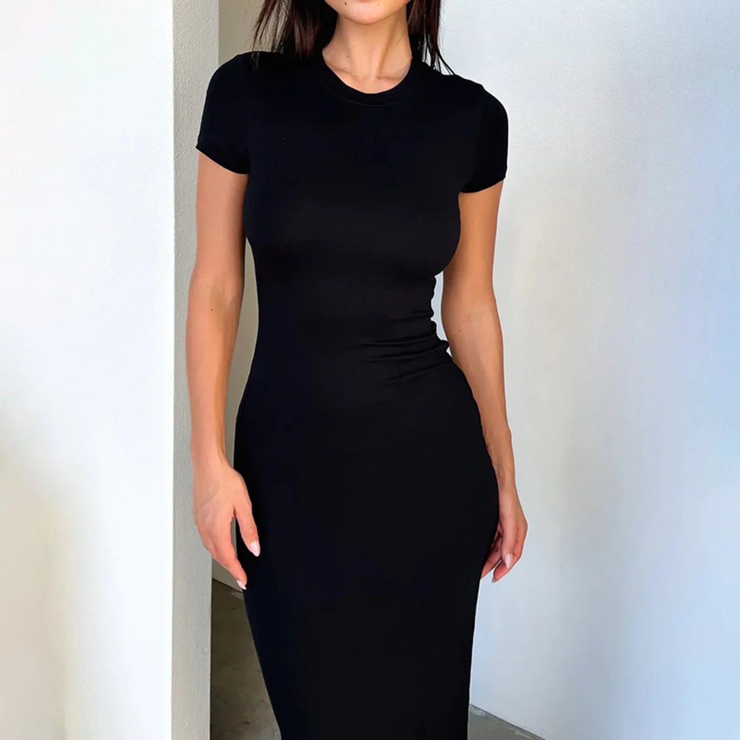 Women’s Maxi Dress – Slim Fit Stretch Cotton Blend – Crew Neck Short Sleeve