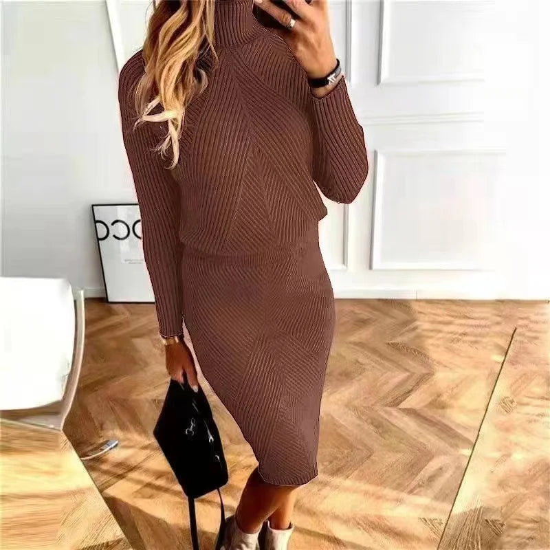 Women's turtleneck knit sweater skirt set