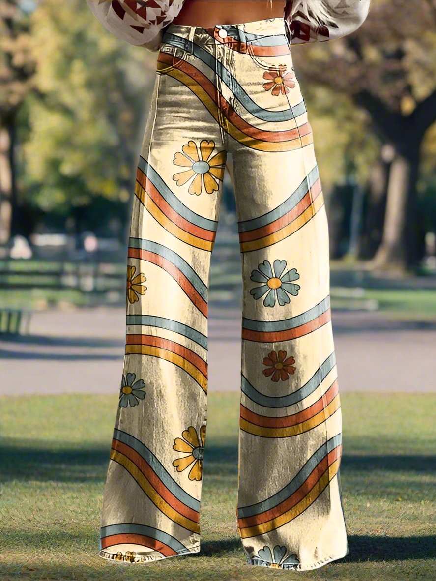 Women's retro daisy wave wide-leg pants