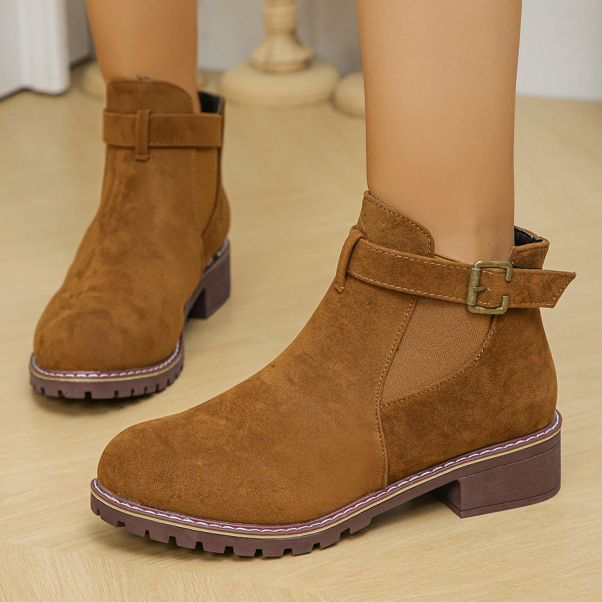 Women's casual mid-heel boots with chunky belt buckle style
