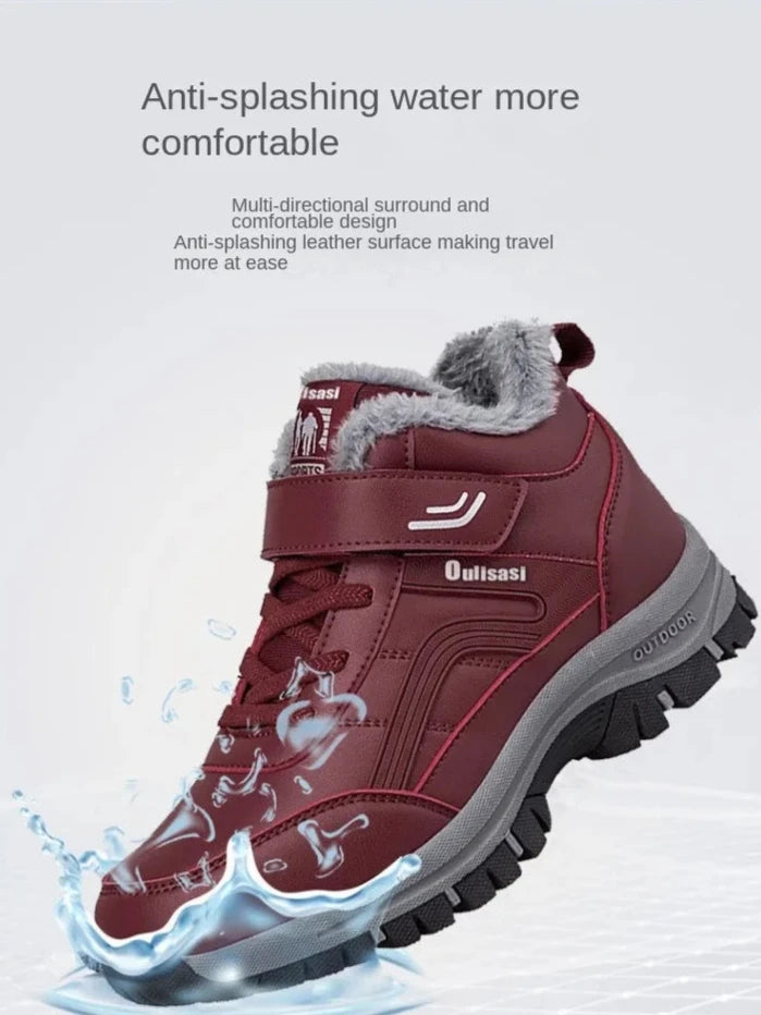 Women's winter waterproof leather ankle snow boots with plush lining