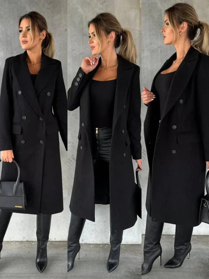 Women's long-sleeve double-breasted wool coat