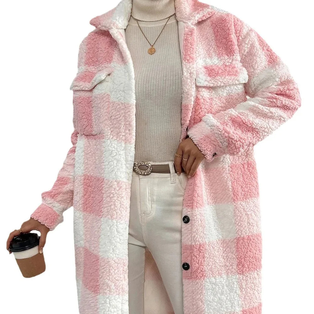 Women's autumn winter long plaid fleece sweatshirt coat