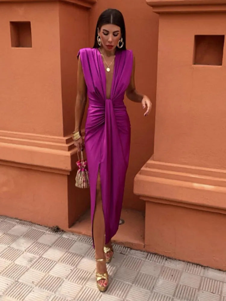 Women's Evening Gown - Deep V-Neck - Sleeveless - Waist Knot - Front Slit Elegant Dress