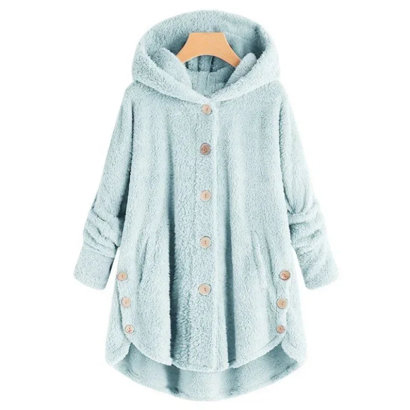 Women’s Fleece Jacket – Relaxed Fit – Hooded – Button Front – Long Back Hem – Pockets