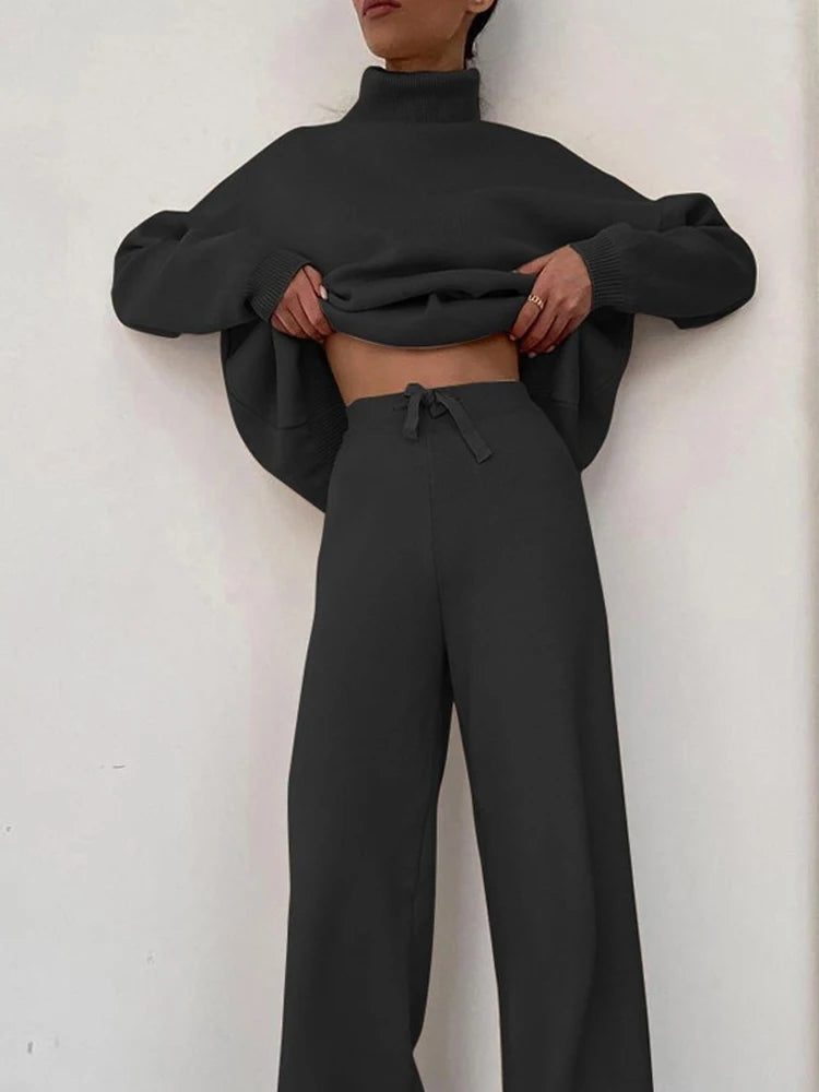 Women's winter turtleneck pullover and high waist pants set