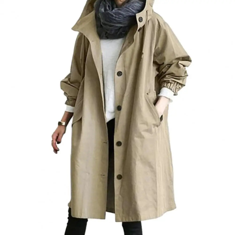 Water-Resistant Hooded Button Closure Long Overcoat