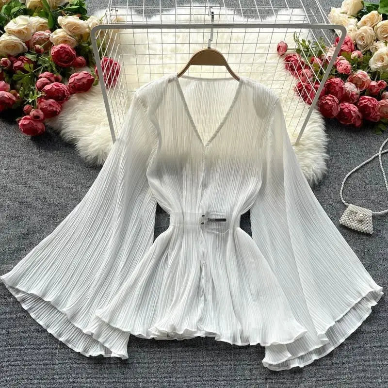 Women's Pleated Blouse - V-Neck - Flared Sleeves - Button Front - Cinched Waist