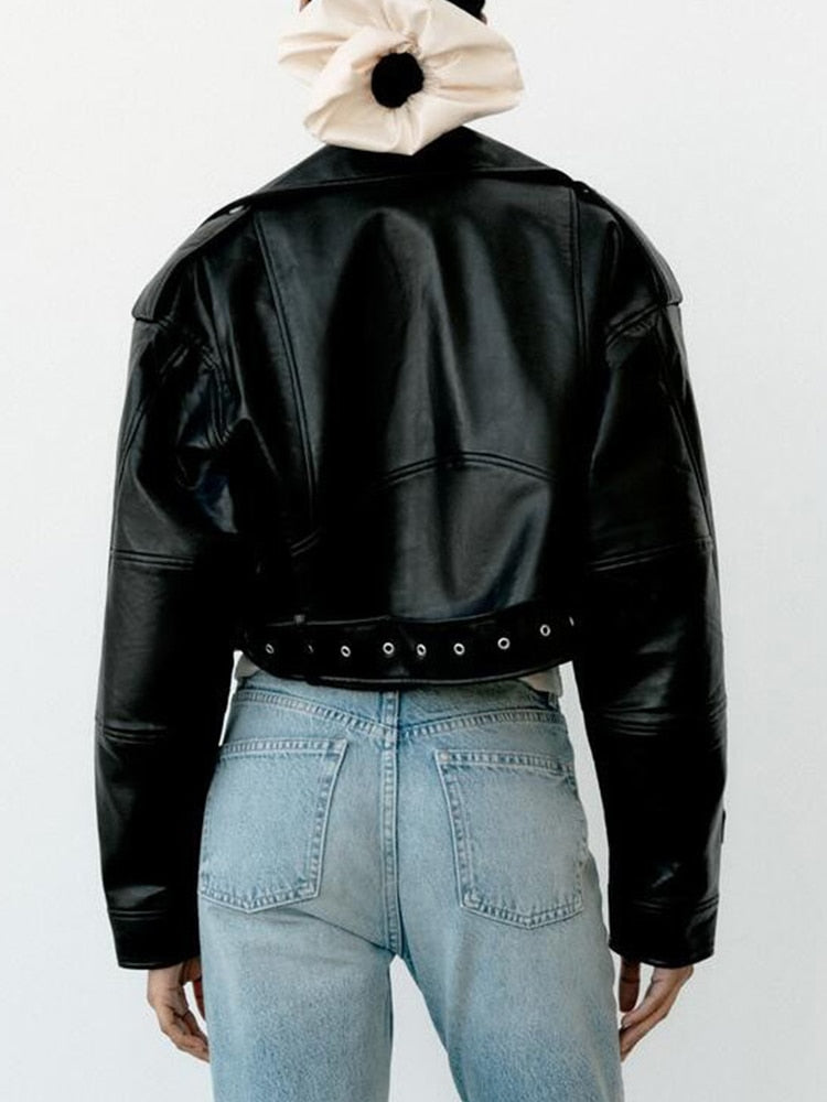 Women's biker style faux leather jacket with belt and zip