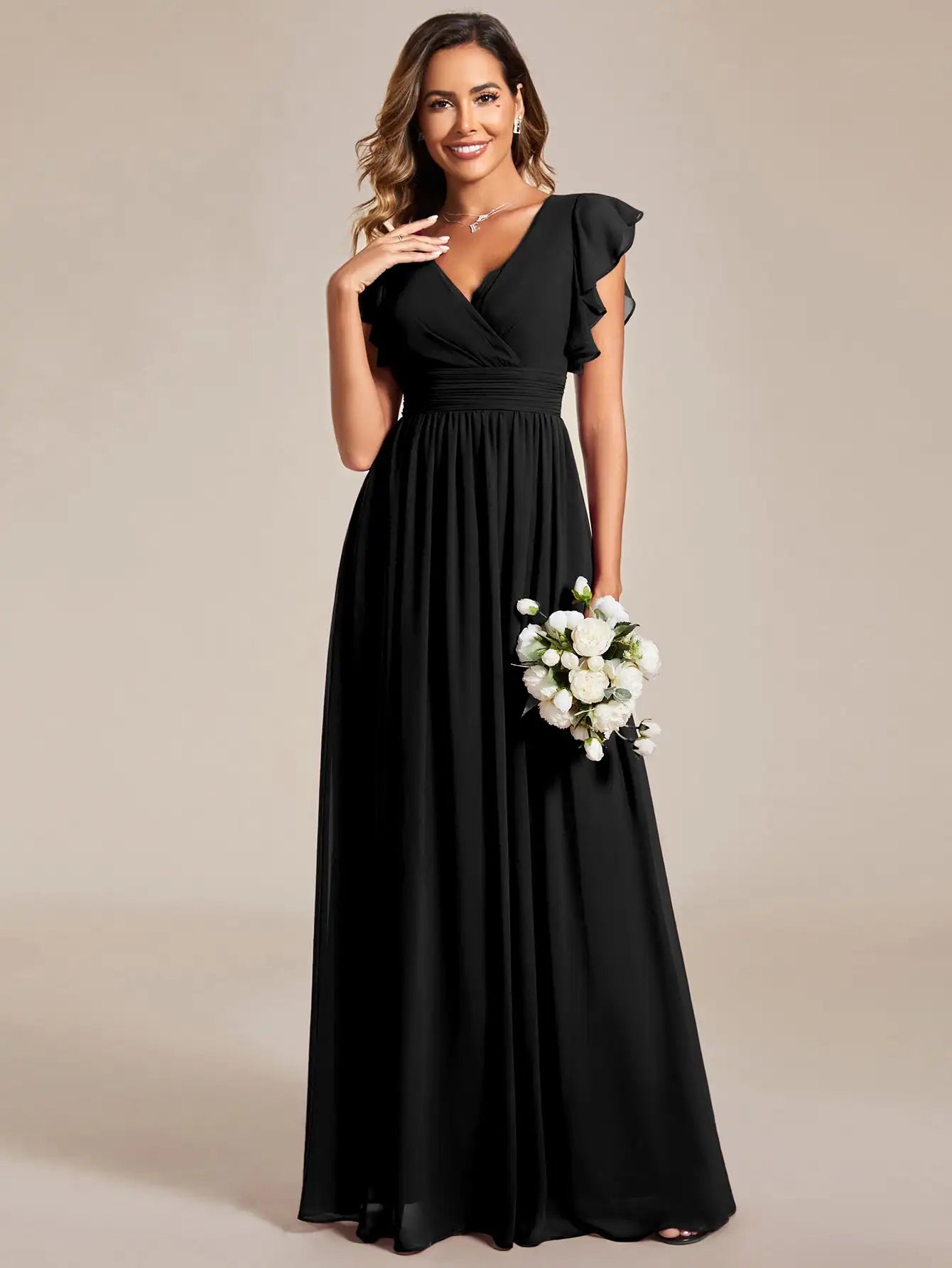 Women’s Evening Gown – Chiffon A-Line – V-Neck – Flutter Sleeve – Empire Waist