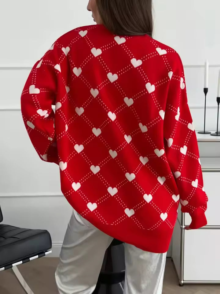 Women’s Sweater – Knit Blend – Loose Fit – Crew Neck – Heart Pattern – Mid Length