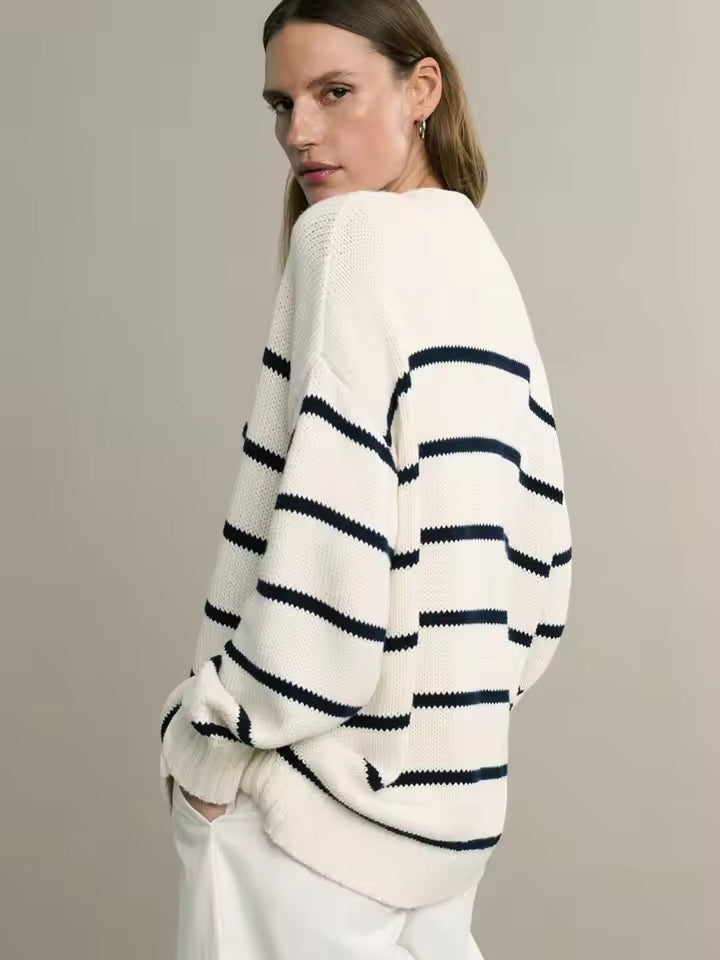 Women’s Cardigan – Relaxed Fit – Knit Striped – V-Neck Button Front – Ribbed Trim