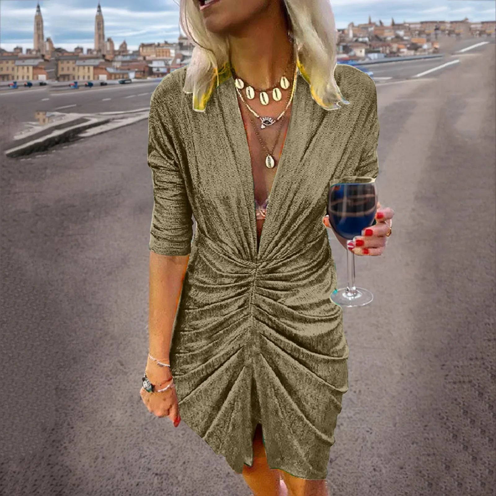 Ruched Waist V-Neck Knee-Length Dress