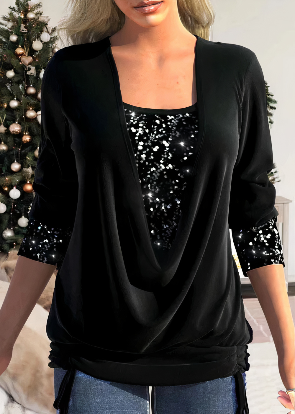 Women's sequin stitch u-neck long sleeve casual top