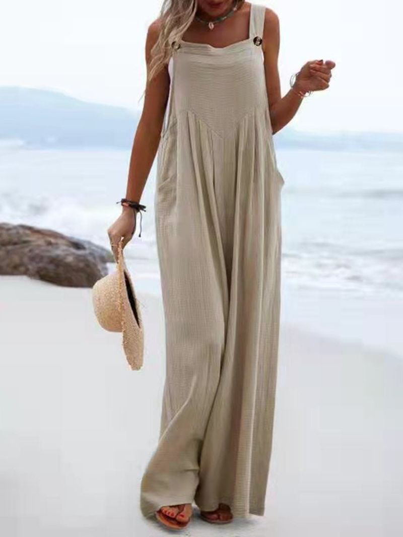 Women's Wide-Leg Jumpsuit - Breathable Fabric - Relaxed Fit - Button Straps & Pockets