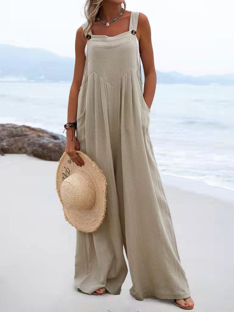 Women's Wide-Leg Jumpsuit - Breathable Fabric - Relaxed Fit - Button Straps & Pockets