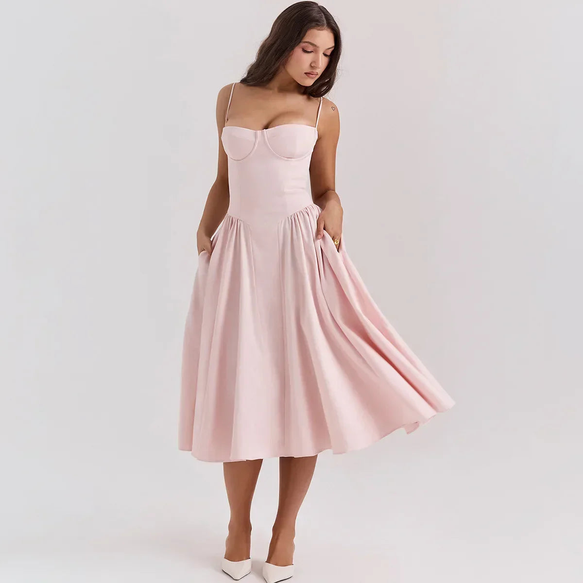 Women's Midi Dress - Fitted Bodice - Cup Detailing - Spaghetti Straps - Flowing Skirt