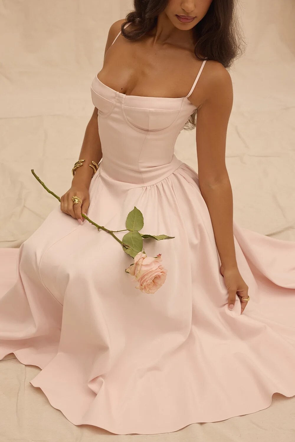 Women's Midi Dress - Fitted Bodice - Cup Detailing - Spaghetti Straps - Flowing Skirt