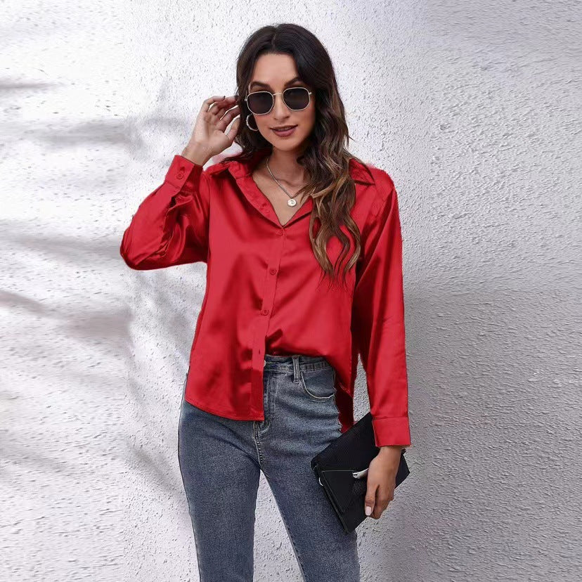 Women's Satin Blouse - Button Down - Classic Collar - Long Sleeve Elegant Shirt