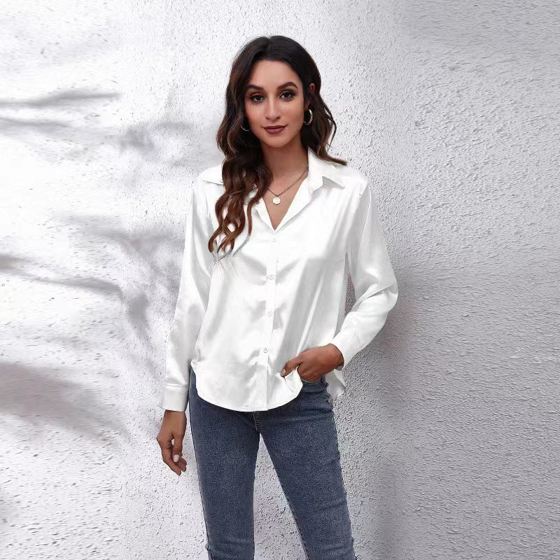 Women's Satin Blouse - Button Down - Classic Collar - Long Sleeve Elegant Shirt