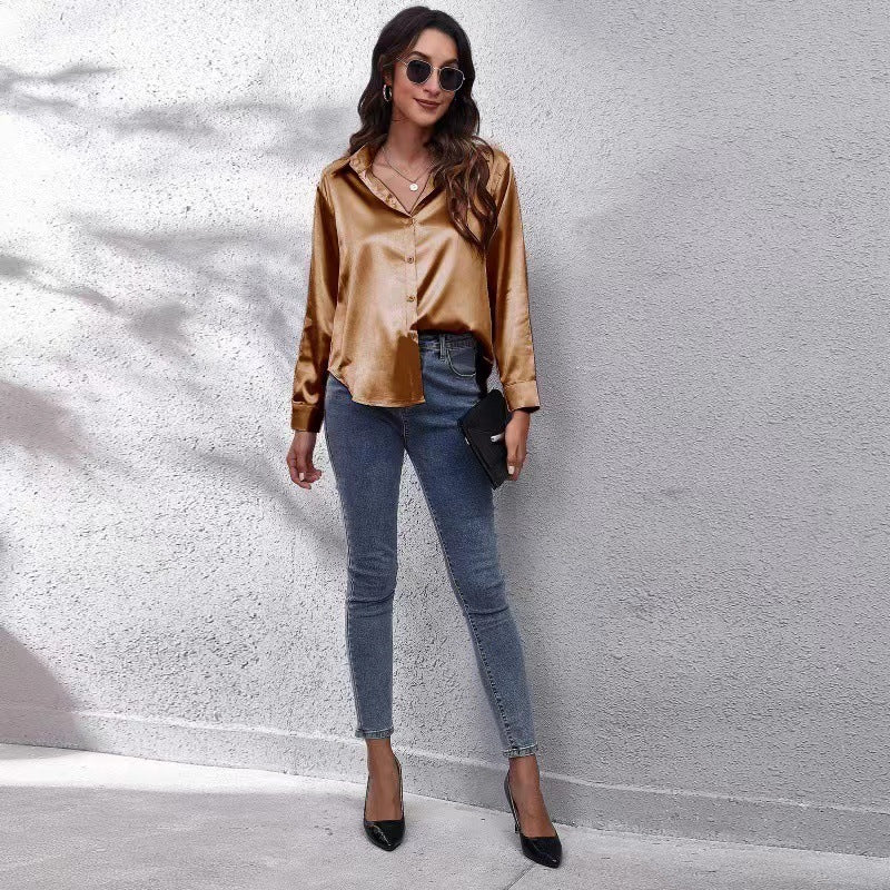Women's Satin Blouse - Button Down - Classic Collar - Long Sleeve Elegant Shirt