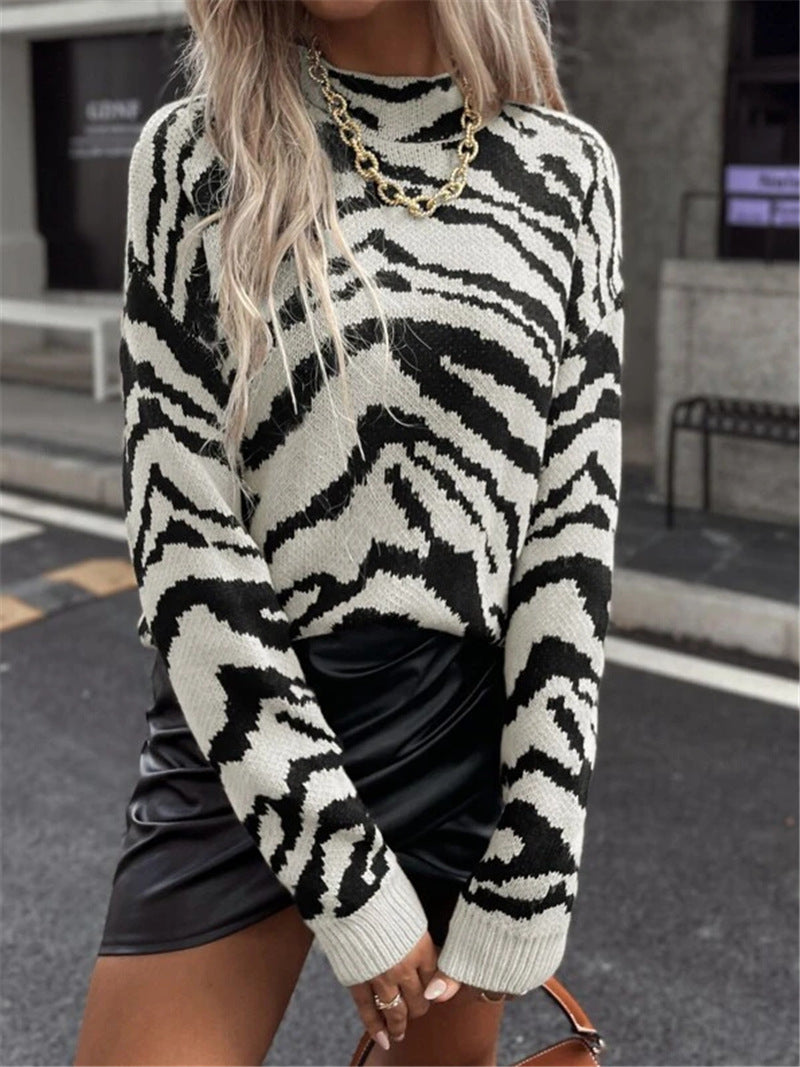 Women's zebra pattern half turtleneck sweater