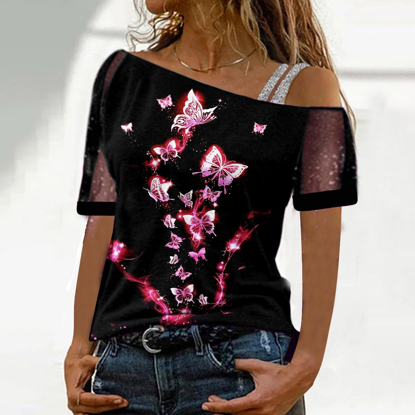 Women's off-shoulder butterfly mesh sleeve top