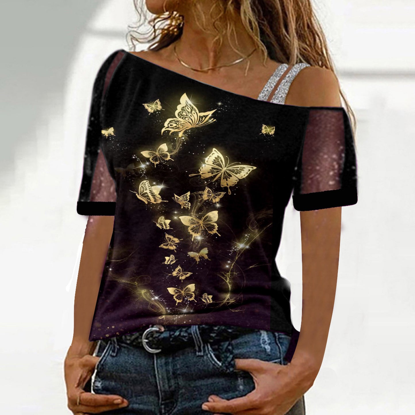 Women's off-shoulder butterfly mesh sleeve top