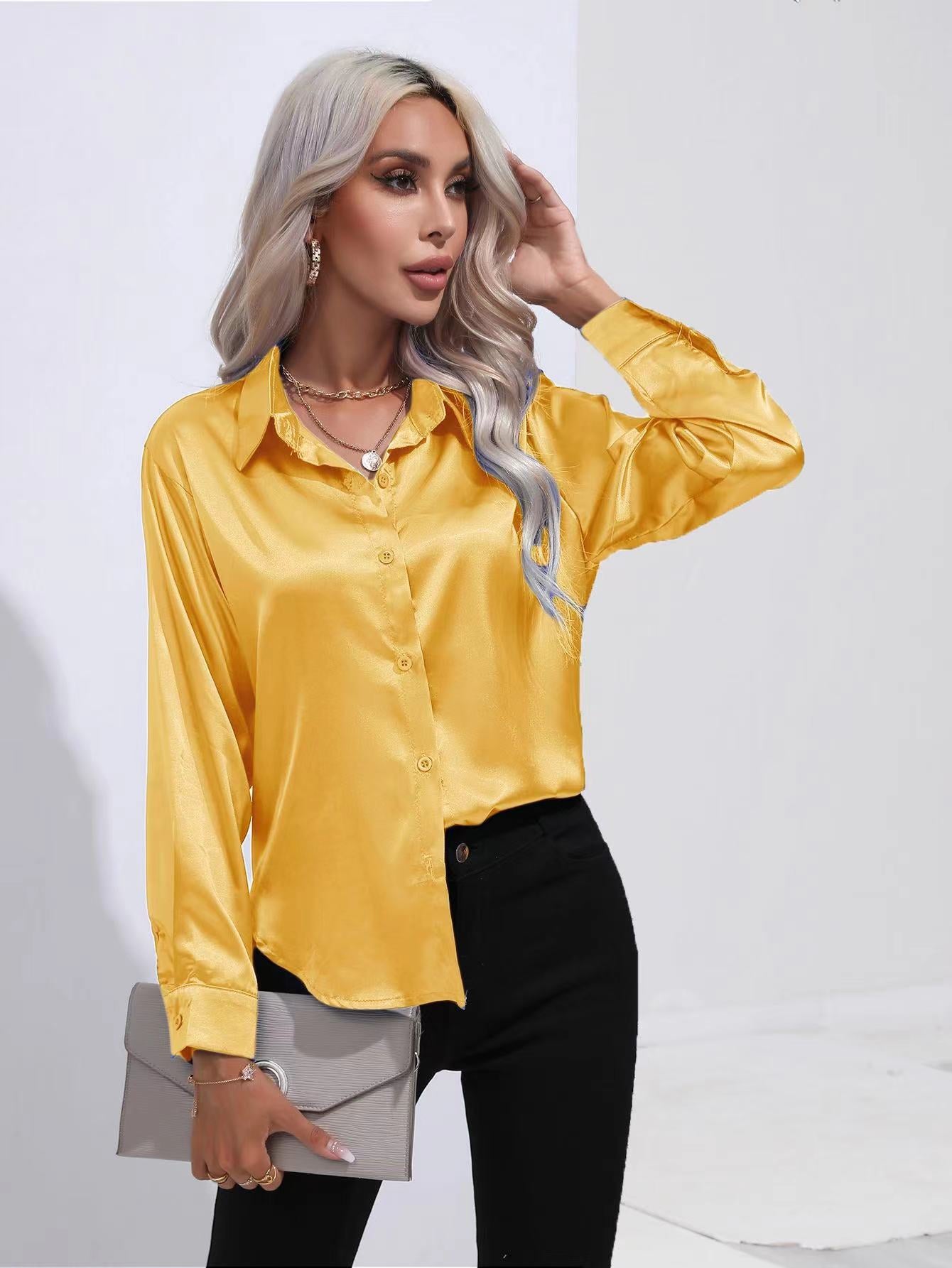 Women's Satin Blouse - Button Down - Classic Collar - Long Sleeve Elegant Shirt