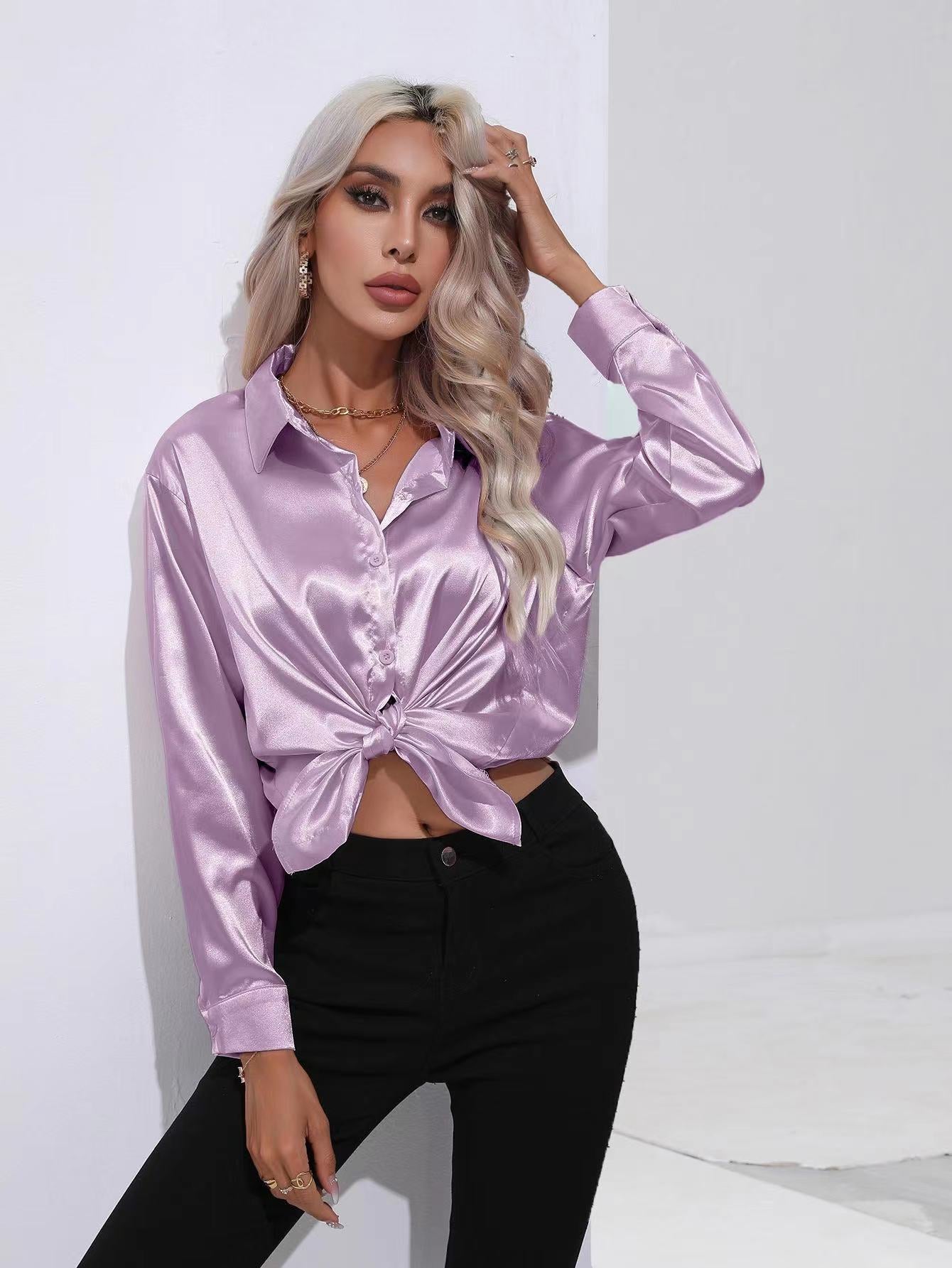 Women's Satin Blouse - Button Down - Classic Collar - Long Sleeve Elegant Shirt