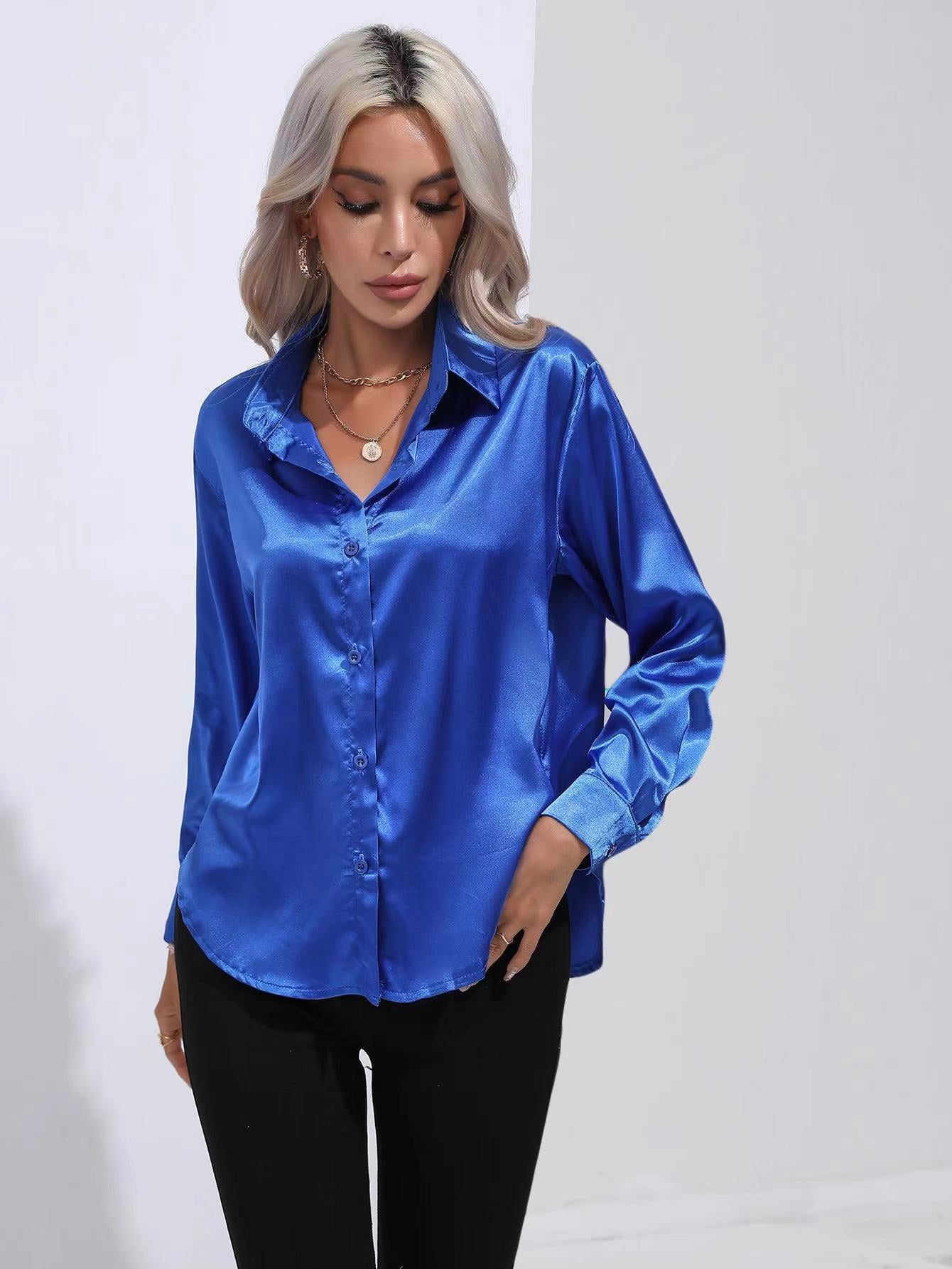Women's Satin Blouse - Button Down - Classic Collar - Long Sleeve Elegant Shirt